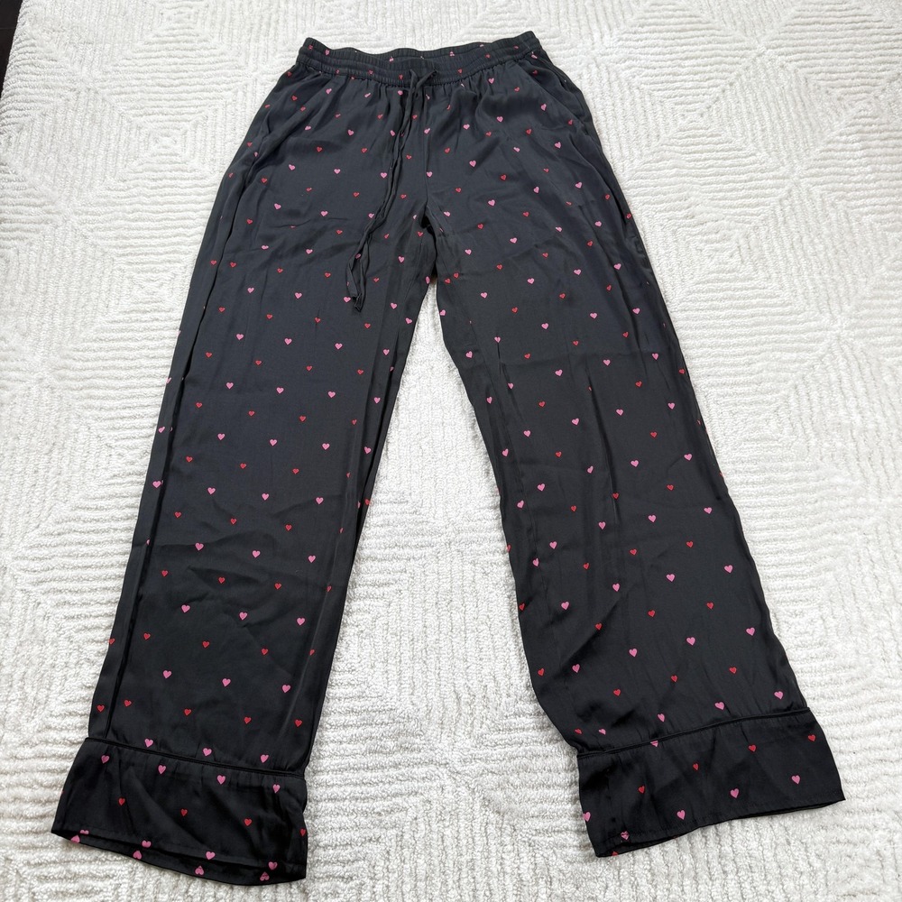 Banana Republic Pajama Pants Womens XS Black Satin Heart Valentines Lounge Sleep